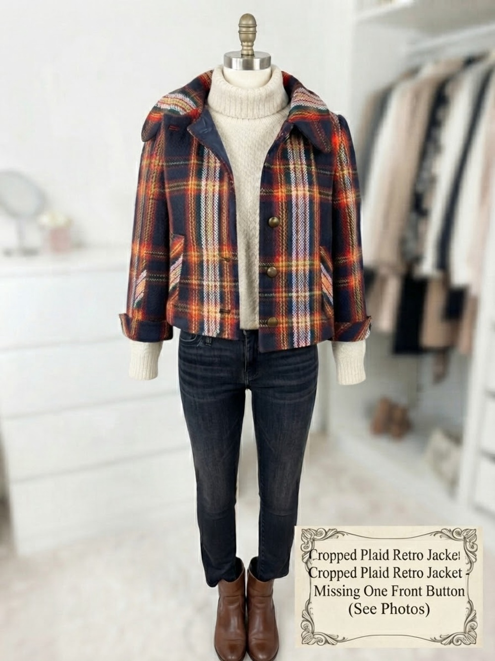 Retro Tulle Plaid Pea Coat Cropped  with Navy, Orange & Red Plaid Size XL FLAWED